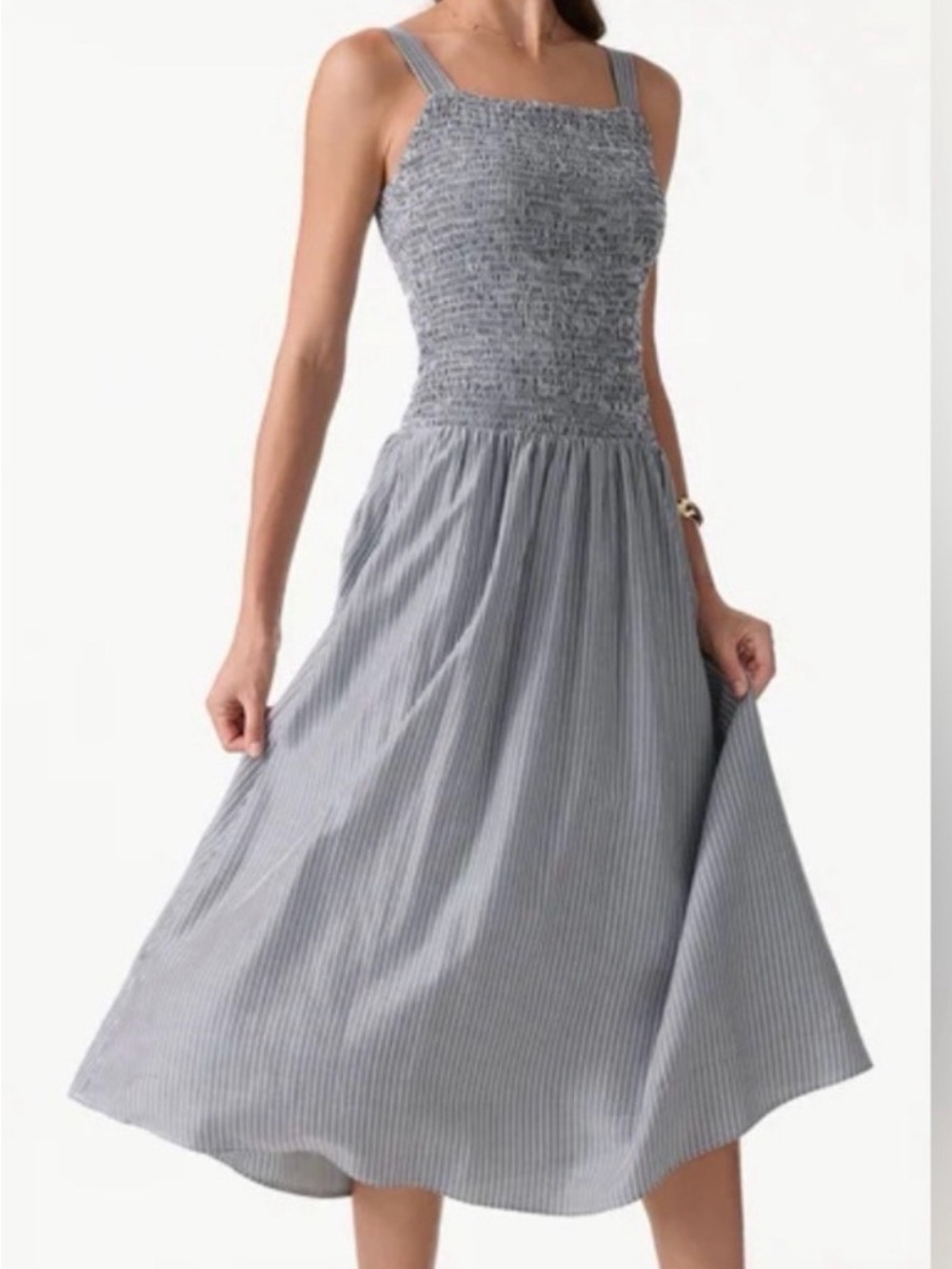 OGL Gray Smocked Square-Neck Striped Midi Dress